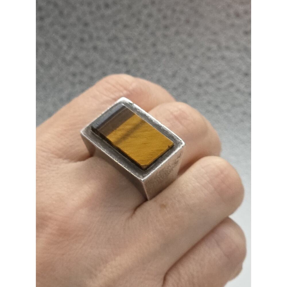 MODERNIST S PALIU SPAIN STERLING SILVER 925 LARGE TIGER EYE RING SIZE 10.5
